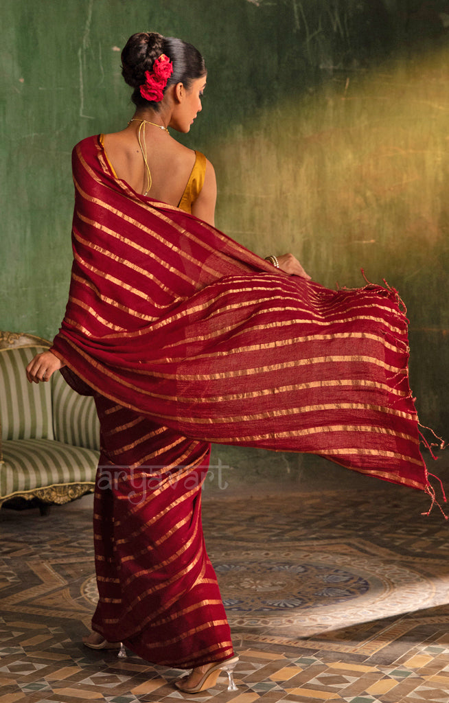 Striking Maroon Linen Saree with Horizontal Zari Lines