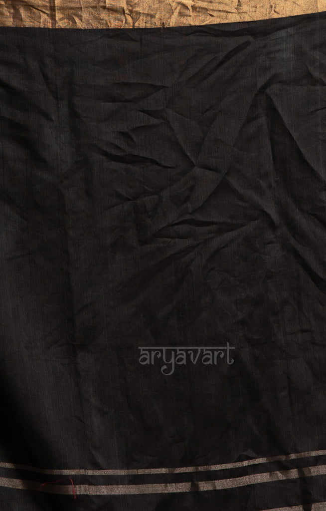 Black Silk Cotton Chanderi  Saree With striking Horizontal Strips in Silver & Gold