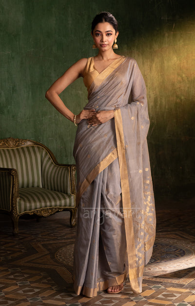 Soft Grey Silk Cotton Chanderi  Saree With Gold Zari Design