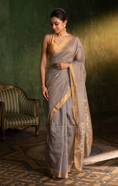 Soft Grey Silk Cotton Chanderi  Saree With Gold Zari Design