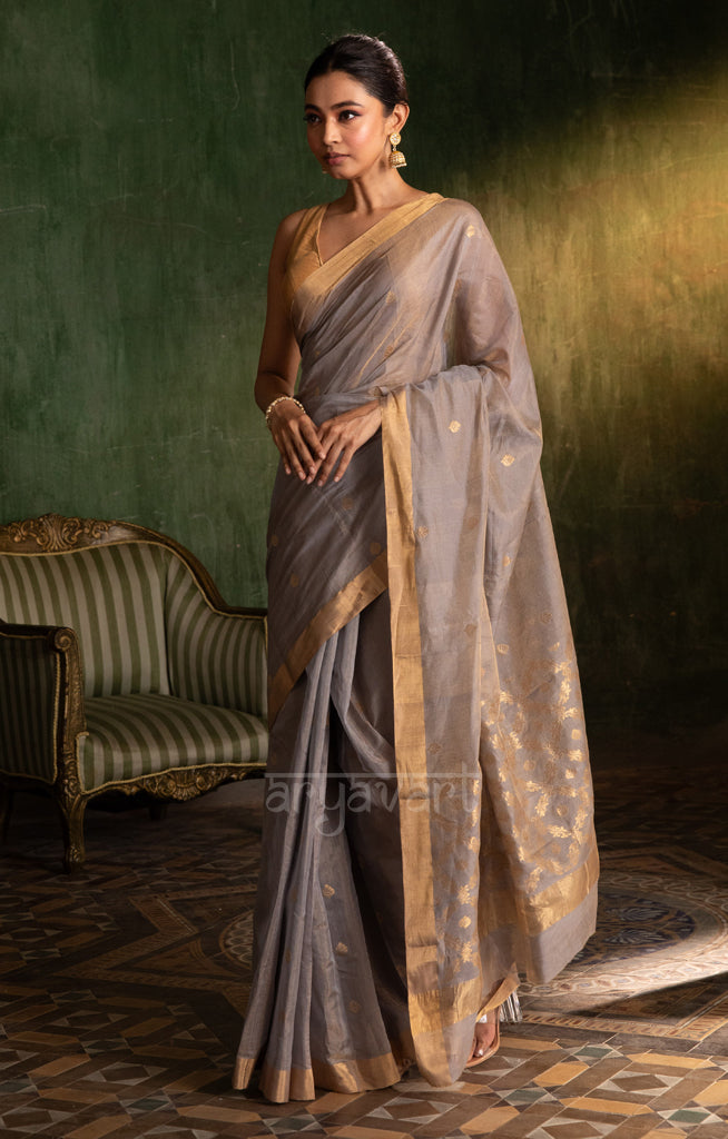 Soft Grey Silk Cotton Chanderi  Saree With Gold Zari Design