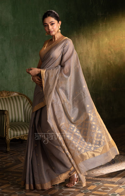 Soft Grey Silk Cotton Chanderi  Saree With Gold Zari Design