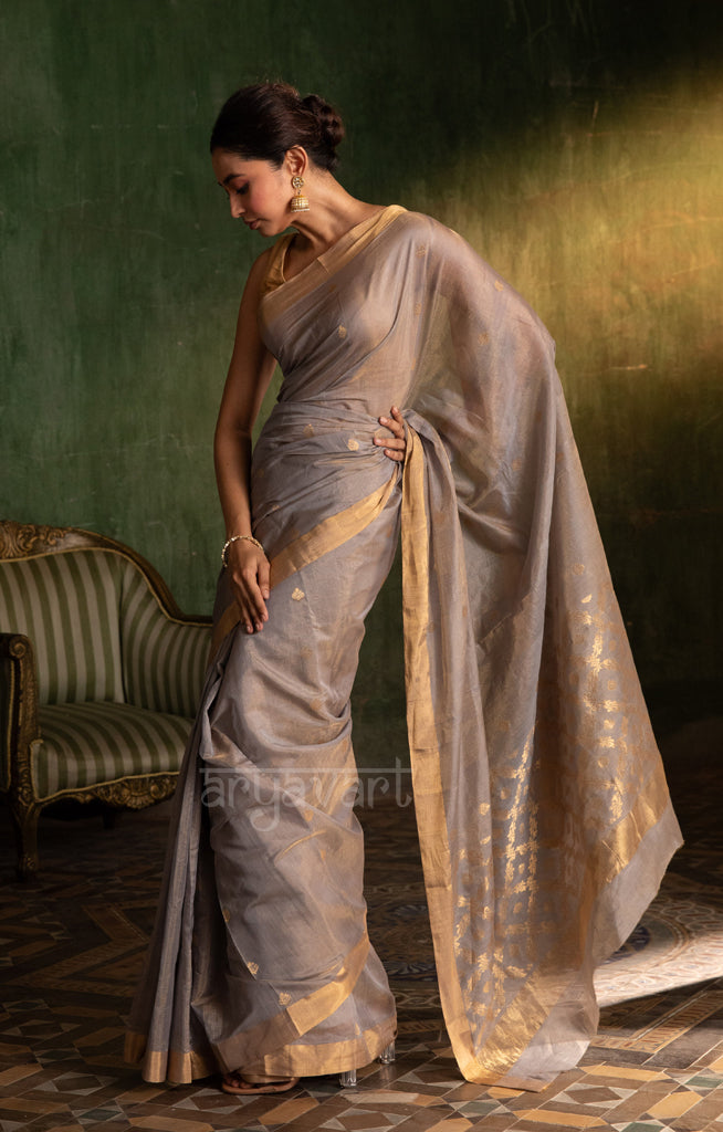 Soft Grey Silk Cotton Chanderi  Saree With Gold Zari Design