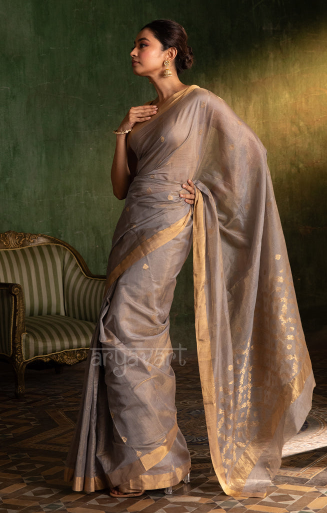 Soft Grey Silk Cotton Chanderi  Saree With Gold Zari Design