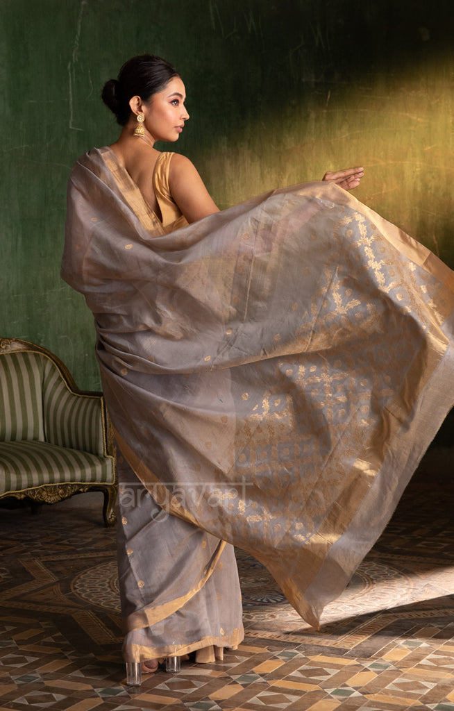 Soft Grey Silk Cotton Chanderi  Saree With Gold Zari Design