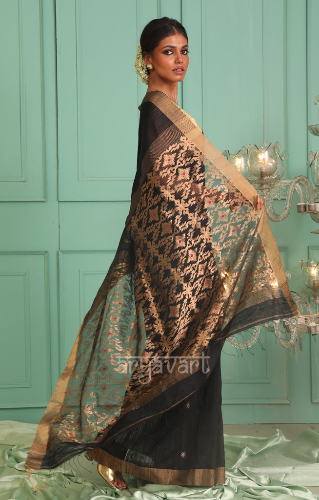 Black Matka Silk Saree with Jamdani Woven Design