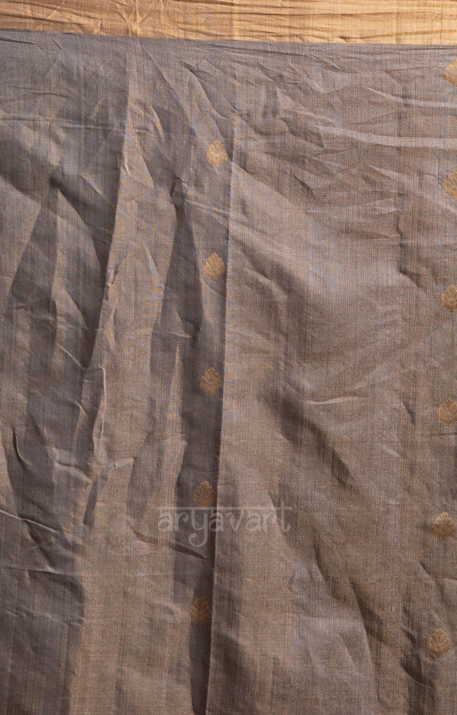 Soft Grey Silk Cotton Chanderi  Saree With Gold Zari Design