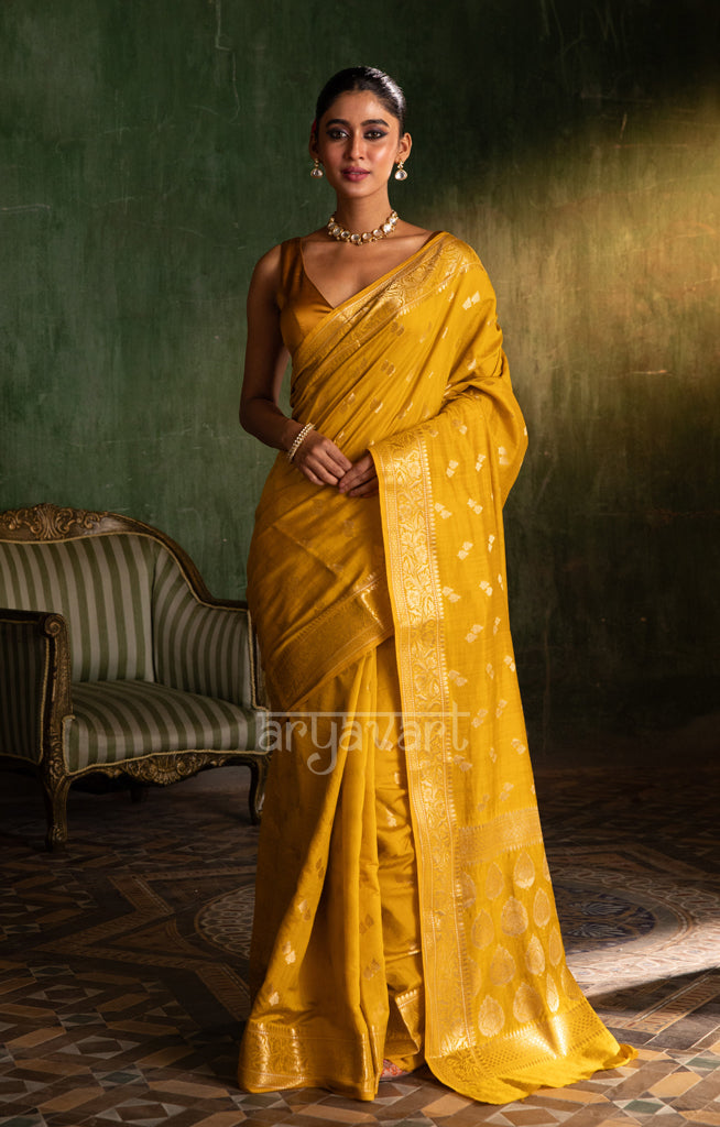 Saffron Yellow Katan Silk Saree With Zari Buttas