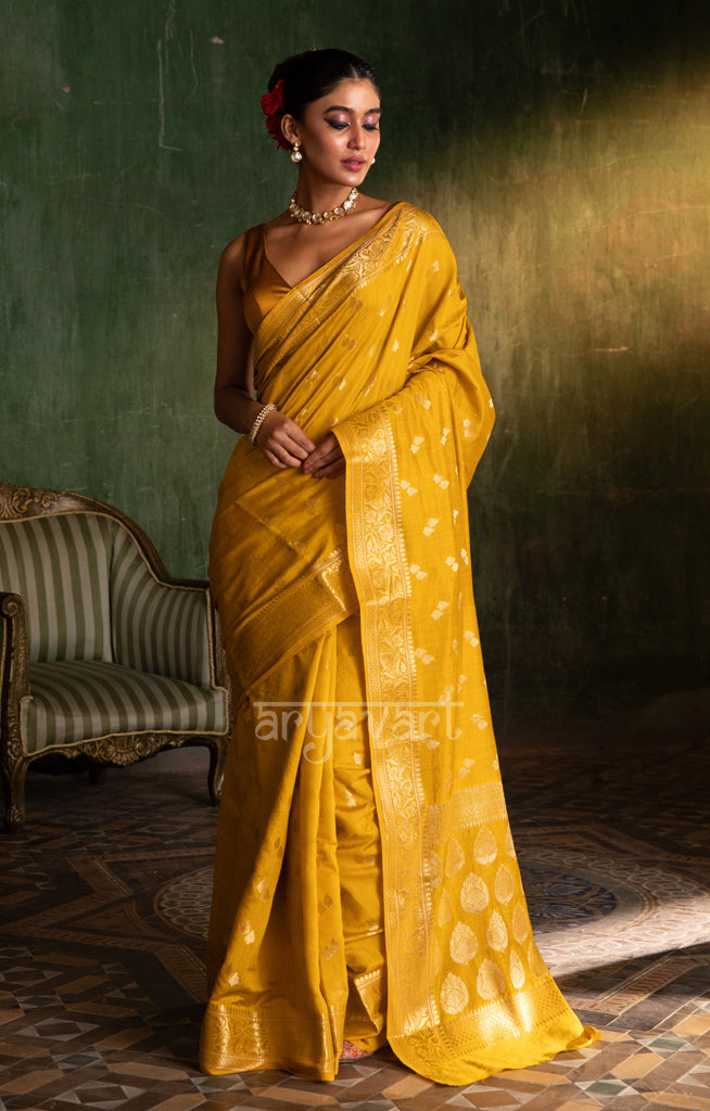 Saffron Yellow Katan Silk Saree With Zari Buttas