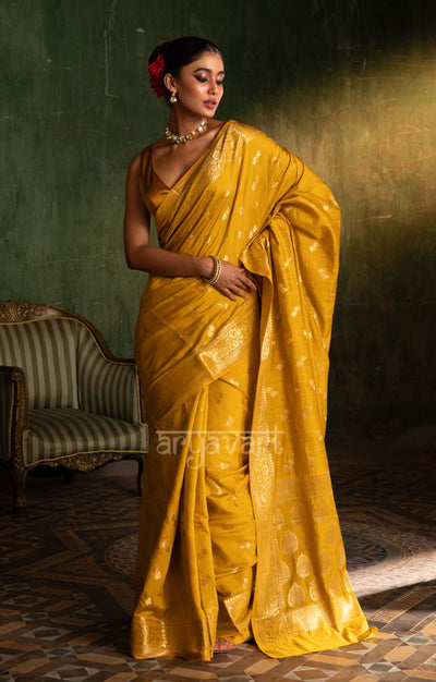 Saffron Yellow Katan Silk Saree With Zari Buttas