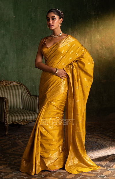 Saffron Yellow Katan Silk Saree With Zari Buttas