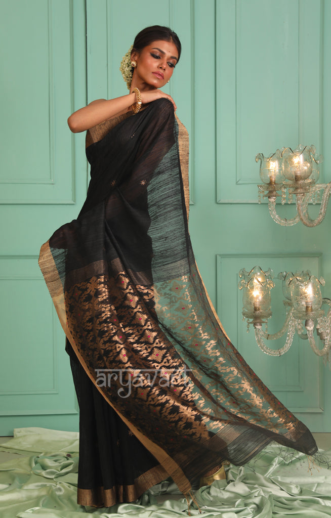 Black Matka Silk Saree with Jamdani Woven Design