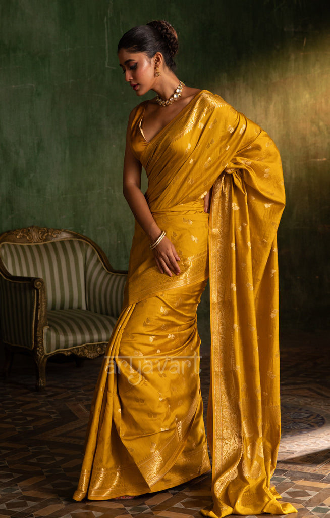 Saffron Yellow Katan Silk Saree With Zari Buttas