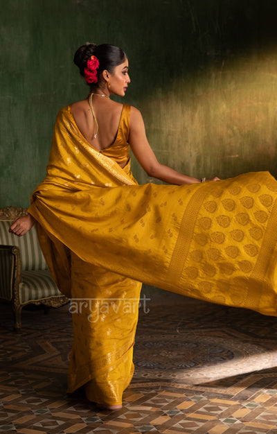 Saffron Yellow Katan Silk Saree With Zari Buttas