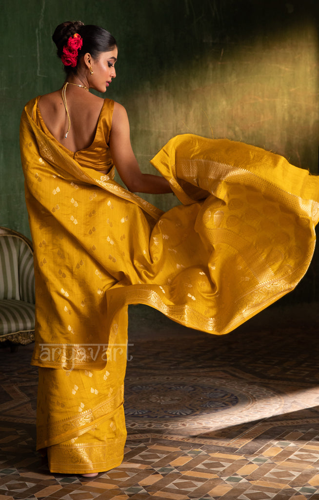 Saffron Yellow Katan Silk Saree With Zari Buttas