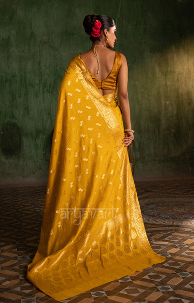 Saffron Yellow Katan Silk Saree With Zari Buttas