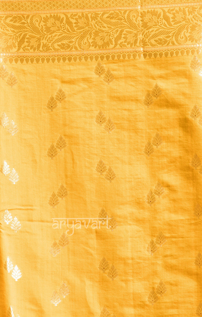 Saffron Yellow Katan Silk Saree With Zari Buttas