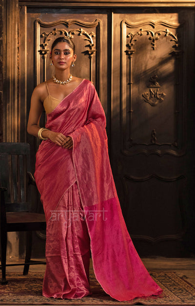 Rose Pink Tussar Silk Saree