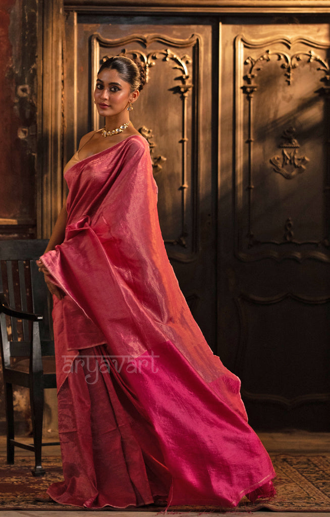 Rose Pink Tussar Silk Saree