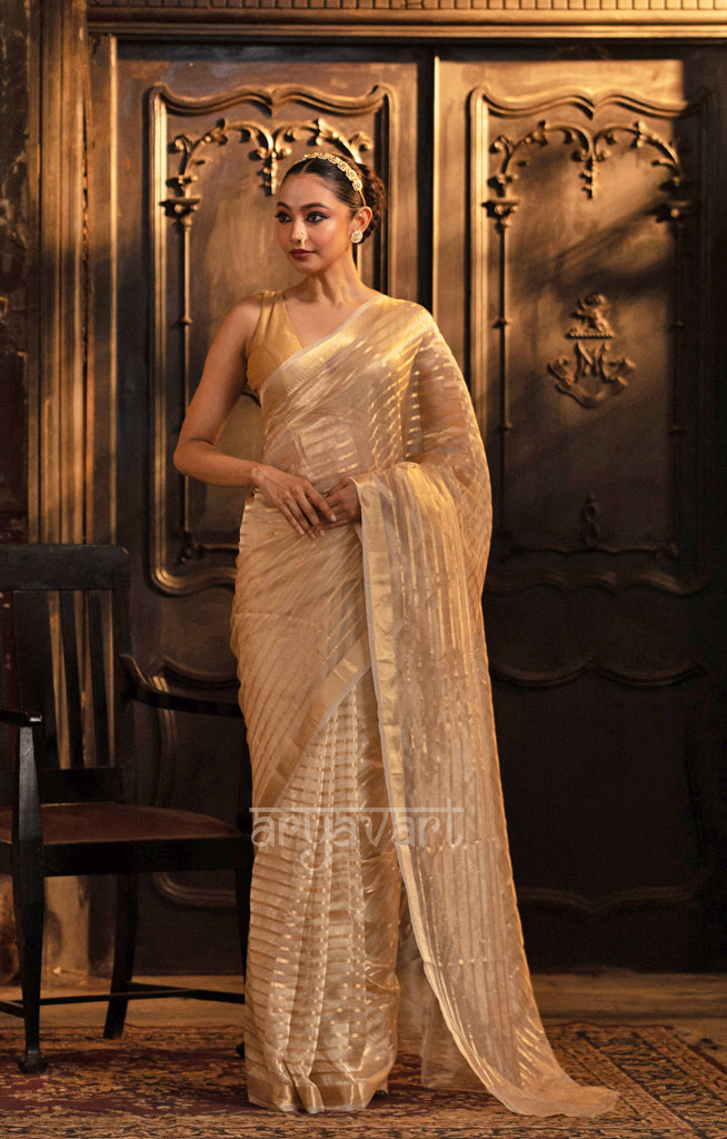 Ivory White Banarasi Tissue Silk Saree With Gold Zari Stripes