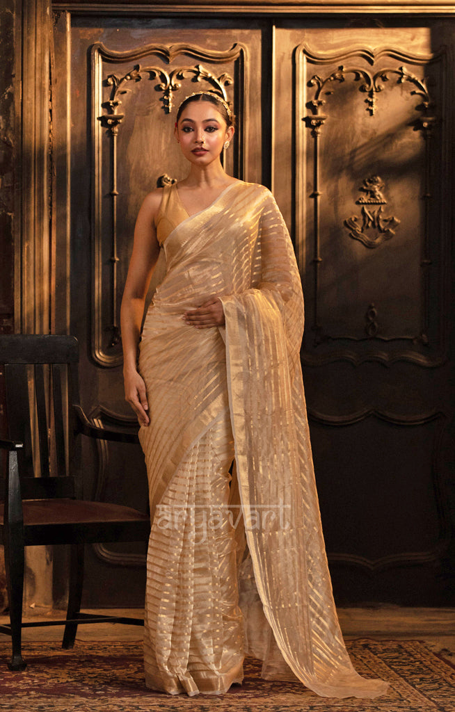 Ivory White Banarasi Tissue Silk Saree With Gold Zari Stripes