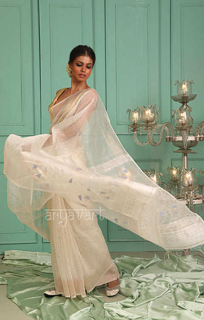 Sparkling white Silk Saree With Woven In Sequence & Jamdani Motifs