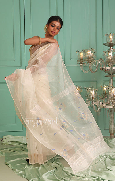 Sparkling white Silk Saree With Woven In Sequence & Jamdani Motifs