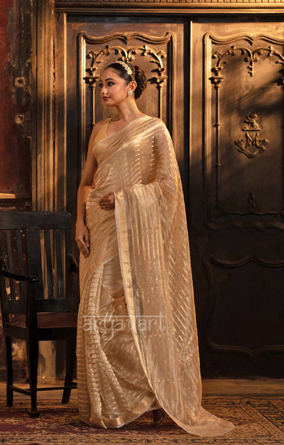 Ivory White Banarasi Tissue Silk Saree With Gold Zari Stripes