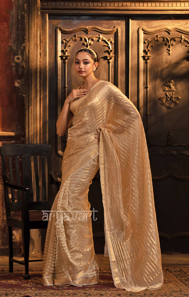 Ivory White Banarasi Tissue Silk Saree With Gold Zari Stripes