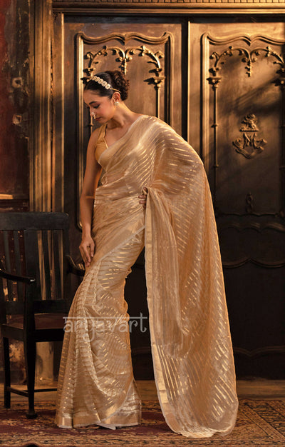 Ivory White Banarasi Tissue Silk Saree With Gold Zari Stripes