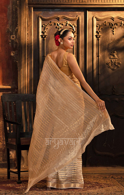 Ivory White Banarasi Tissue Silk Saree With Gold Zari Stripes