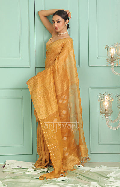 Mustard Matka Silk Saree with Woven Jamdani Design