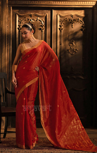 Scarlet Red Silk Cotton Chanderi  Saree With Gold Zari Design