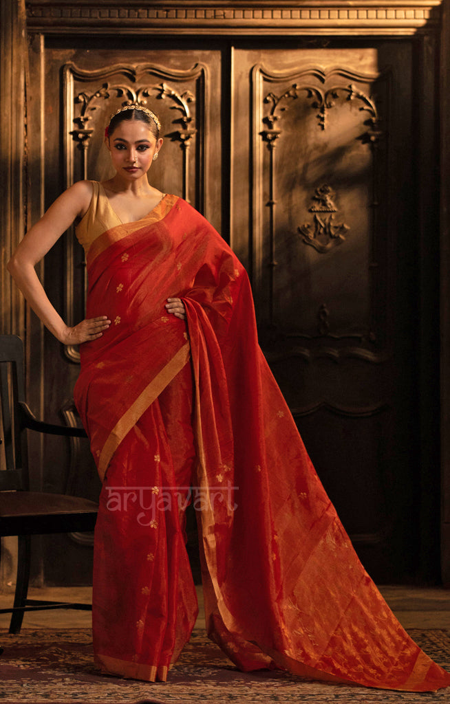 Scarlet Red Silk Cotton Chanderi  Saree With Gold Zari Design