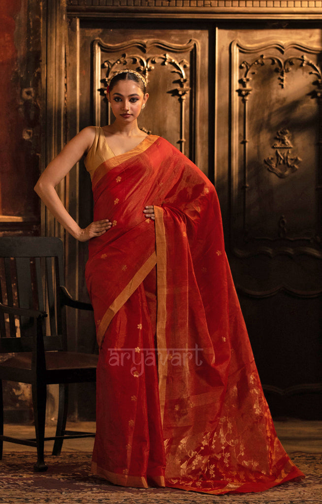 Scarlet Red Silk Cotton Chanderi  Saree With Gold Zari Design