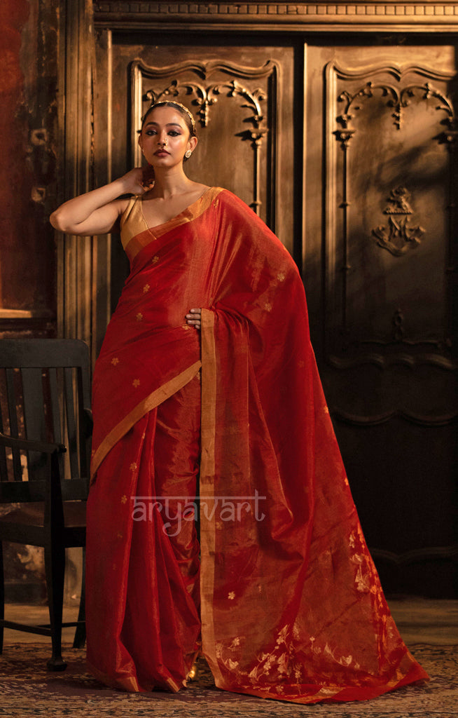 Scarlet Red Silk Cotton Chanderi  Saree With Gold Zari Design