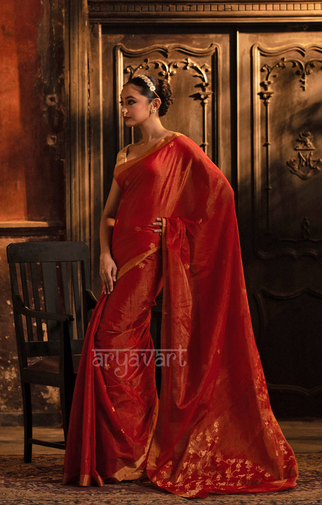 Scarlet Red Silk Cotton Chanderi  Saree With Gold Zari Design