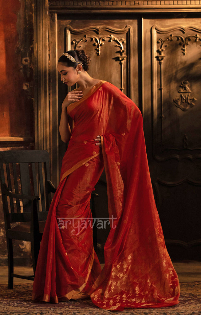 Scarlet Red Silk Cotton Chanderi  Saree With Gold Zari Design