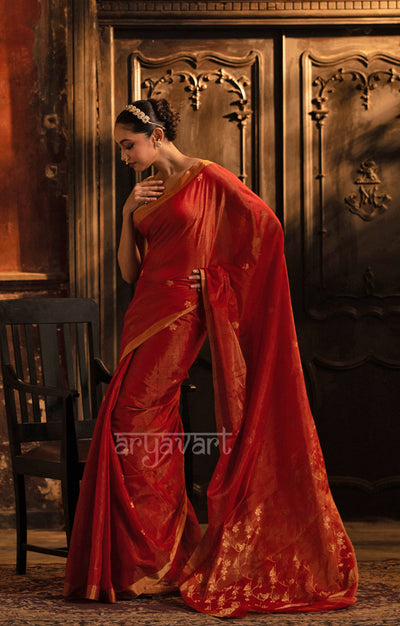 Scarlet Red Silk Cotton Chanderi  Saree With Gold Zari Design