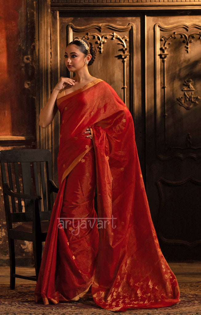 Scarlet Red Silk Cotton Chanderi  Saree With Gold Zari Design