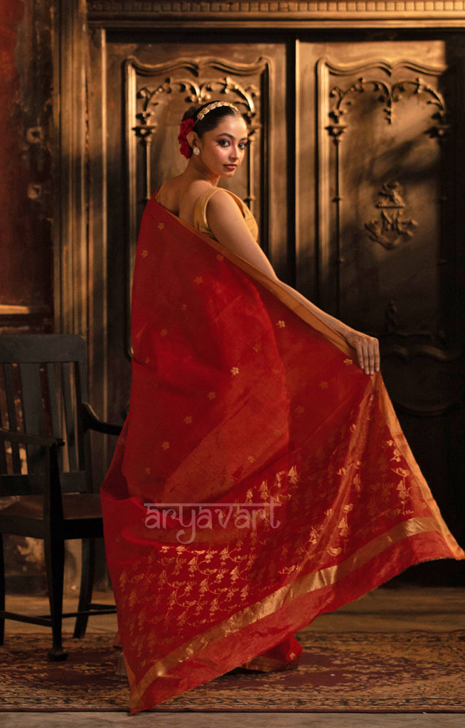 Scarlet Red Silk Cotton Chanderi  Saree With Gold Zari Design