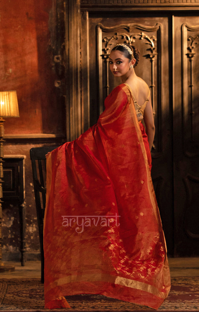 Scarlet Red Silk Cotton Chanderi  Saree With Gold Zari Design