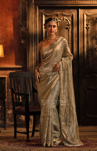 Steel Grey Banarasi Tissue Silk Saree With Gold Zari Stripes