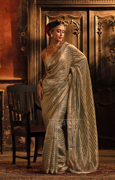 Steel Grey Banarasi Tissue Silk Saree With Gold Zari Stripes