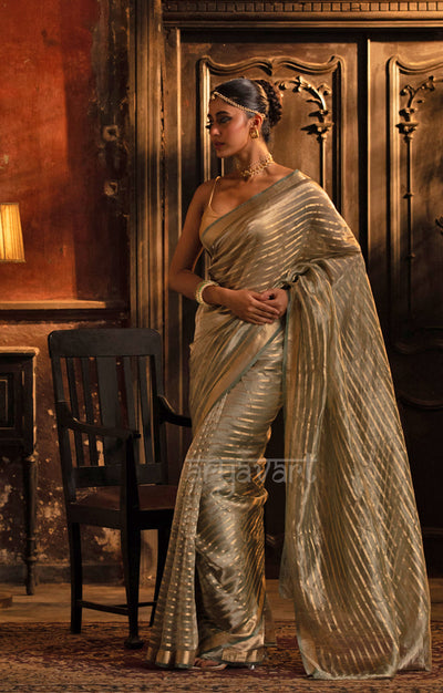 Steel Grey Banarasi Tissue Silk Saree With Gold Zari Stripes