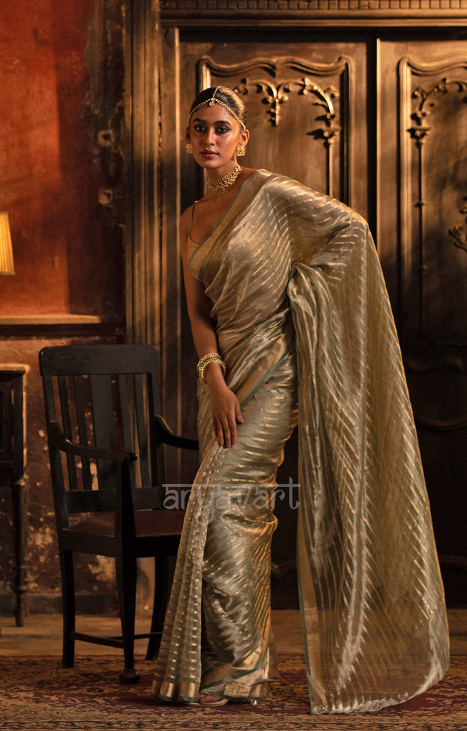 Steel Grey Banarasi Tissue Silk Saree With Gold Zari Stripes