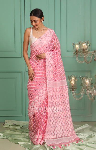 Stunning Pink Saree With Woven Jamdani Line Design In White
