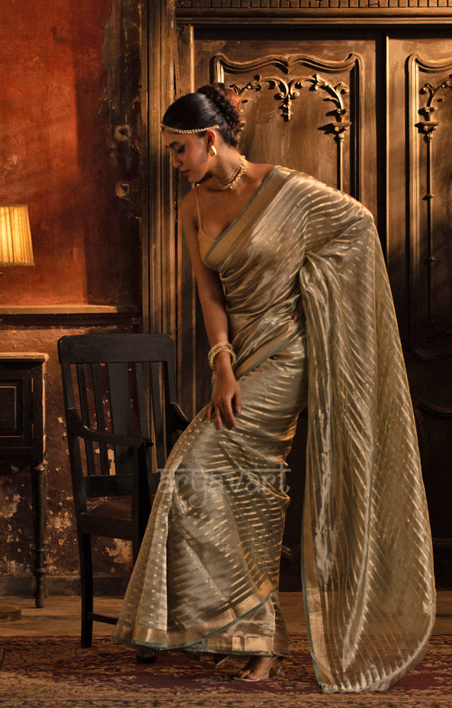 Steel Grey Banarasi Tissue Silk Saree With Gold Zari Stripes