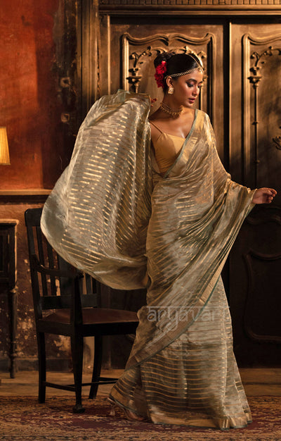 Steel Grey Banarasi Tissue Silk Saree With Gold Zari Stripes