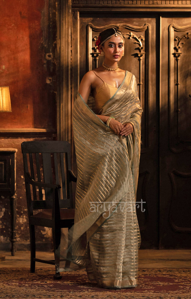 Steel Grey Banarasi Tissue Silk Saree With Gold Zari Stripes